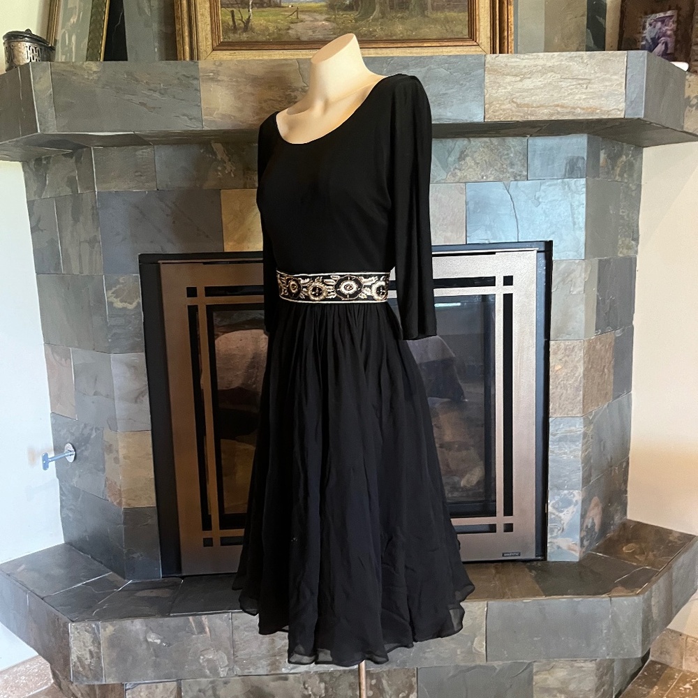 50s Joan Leslie  Silk Chiffon &Jersey Cocktail Swing Circle Skirt Dress S